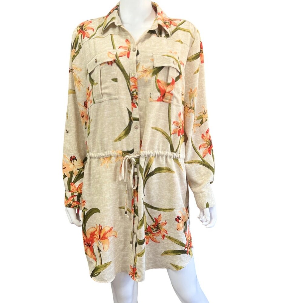 Chicos Womens Floral Drawstring Shirt Dress Size 2 Beige Orange Button Front